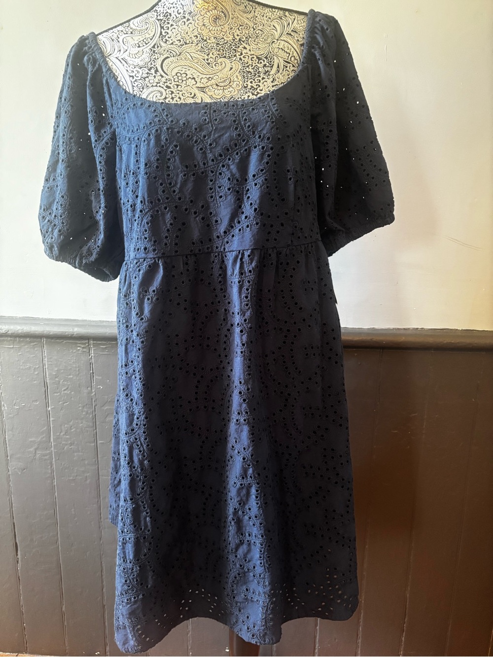 Time and Tru Navy Eyelet Square-Neck Dress with Pockets and Puff Sleeves